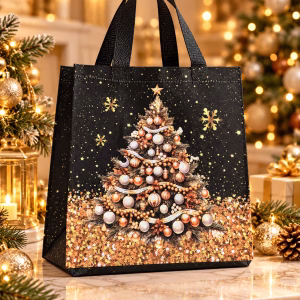 Christmas Gift Bags, Black & Gold Reusable Festive Tote Bags